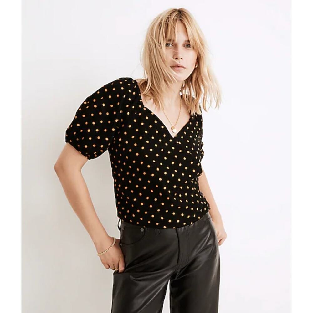 MADEWELL Corduroy Puff Sleeve Wrap Top in Oval Dot Black Yellow Size Medium Boho